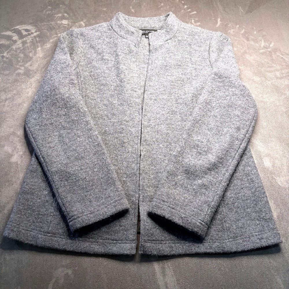 Jones New York Cardigan Womens L Gray Merino Wool Mock Neck Quiet Luxury Jacket